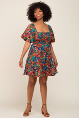 Black Multi-Color Floral Puff Sleeve Dress