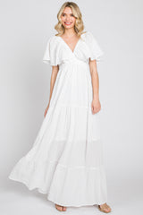White Crepe Flounce Sleeve Tiered Maxi Dress