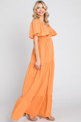 Orange Crepe Flounce Sleeve Tiered Maxi Dress