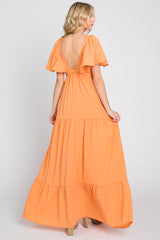 Orange Crepe Flounce Sleeve Tiered Maxi Dress