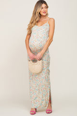 Mint Green Floral Side Slit Ruched Maternity Maxi Dress