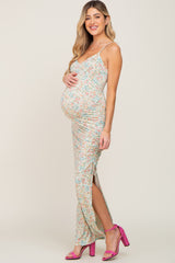 Mint Green Floral Side Slit Ruched Maternity Maxi Dress