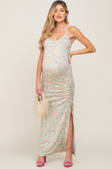 Mint Green Floral Side Slit Ruched Maternity Maxi Dress