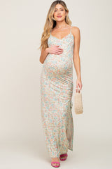 Mint Green Floral Side Slit Ruched Maternity Maxi Dress