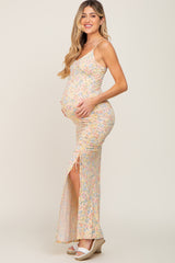 Yellow Floral Side Slit Ruched Maternity Maxi Dress