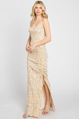 Yellow Floral Side Slit Ruched Maxi Dress