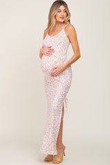 White Floral Side Slit Ruched Maternity Maxi Dress