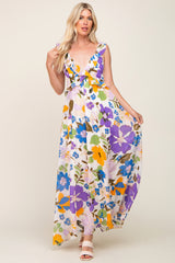 Purple Floral Ruffle Accent Maternity Maxi Dress