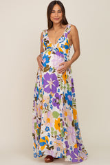 Purple Floral Ruffle Accent Maternity Maxi Dress