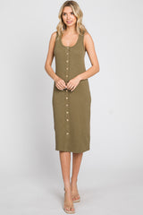 Olive Ribbed Button Front Maternity Midi Dress