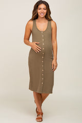 Olive Ribbed Button Front Maternity Midi Dress