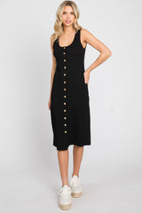 Black Ribbed Button Front Maternity Midi Dress