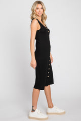 Black Ribbed Button Front Midi Dress