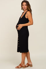 Black Ribbed Button Front Maternity Midi Dress