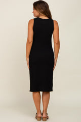 Black Ribbed Button Front Maternity Midi Dress