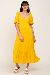 Yellow V-Neck Puff Sleeve Tiered Maternity Maxi Dress