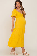 Yellow V-Neck Puff Sleeve Tiered Maternity Maxi Dress