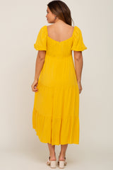 Yellow V-Neck Puff Sleeve Tiered Maternity Maxi Dress