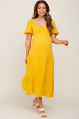 Yellow V-Neck Puff Sleeve Tiered Maternity Maxi Dress