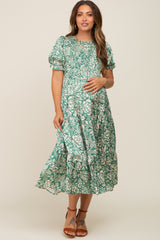 Green Floral Satin Smocked Lace-Up Back Maternity Midi Dress