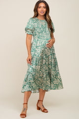 Green Floral Satin Smocked Lace-Up Back Maternity Midi Dress