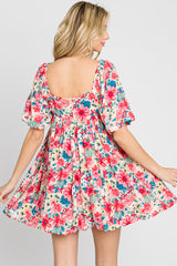 Pink Floral Puff Sleeve Mini Dress