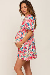 Pink Floral Puff Sleeve Maternity Mini Dress