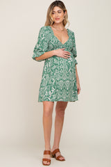 Green Paisley Smocked V-Neck 3/4 Ruffle Sleeve Maternity Dress