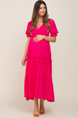 Fuchsia Wrap Front V-Neck Short Sleeve Tiered Maternity Maxi Dress