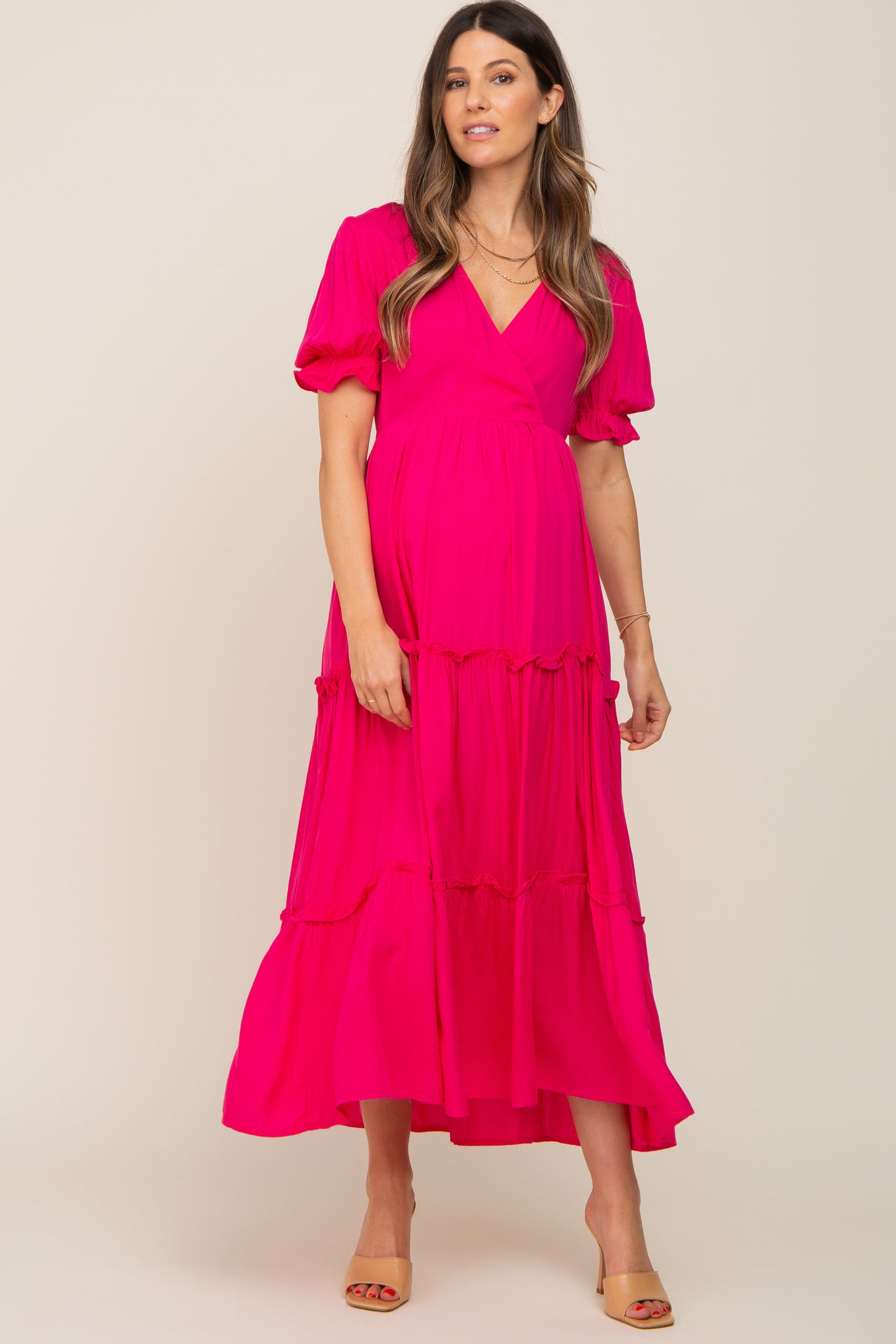Fuchsia Wrap Front V-Neck Short Sleeve Tiered Maternity Maxi Dress