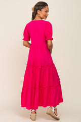 Fuchsia Wrap Front V-Neck Short Sleeve Tiered Maxi Dress