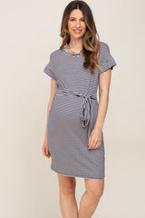 Navy Striped Tie Front Maternity Dress