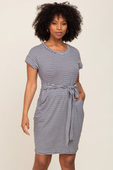 Navy Striped Tie Front Maternity Dress