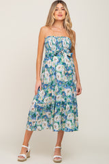 Blue Floral Smocked Strapless Maternity Midi Dress