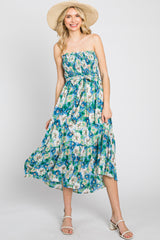 Blue Floral Smocked Strapless Maternity Midi Dress