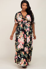 Black Floral Deep V-Neck Maternity Plus Maxi Dress