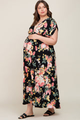 Black Floral Deep V-Neck Maternity Plus Maxi Dress