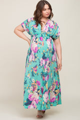 Aqua Floral Deep V-Neck Maternity Plus Maxi Dress