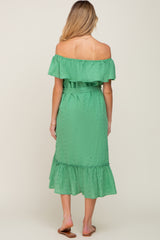 Green Eyelet Embroidered Ruffle Off Shoulder Maternity Midi Dress