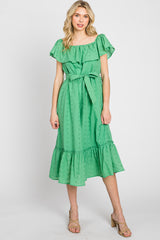 Green Eyelet Embroidered Ruffle Off Shoulder Midi Dress