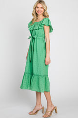 Green Eyelet Embroidered Ruffle Off Shoulder Midi Dress