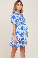 Blue Floral Smocked Puff Sleeve Maternity Dress