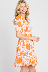 Orange Floral Smocked Puff Sleeve Dress