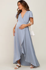 Blue Satin Hi-Lo Maternity Maxi Wrap Dress