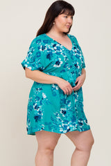 Teal Tropical Floral V-Neck Short Sleeve Dress