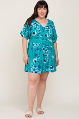 Teal Tropical Floral V-Neck Short Sleeve Dress