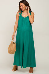 Green Linen Ruffle Strap Maternity Jumpsuit