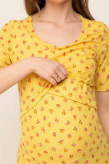 Yellow Floral Ribbed Wrap Front Maternity/Nursing Top