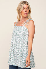 Mint Green Floral Ribbed Shoulder Tie Tiered Top