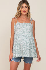 Mint Green Floral Ribbed Shoulder Tie Tiered Maternity Top